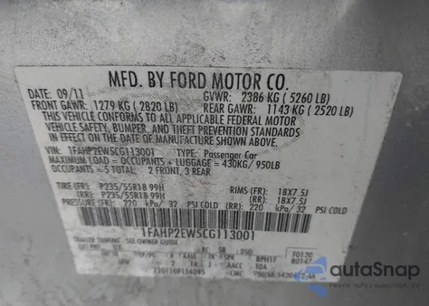 2012 Ford Taurus Sel from USA, damaged, VIN 1FAHP2EW5CG113001